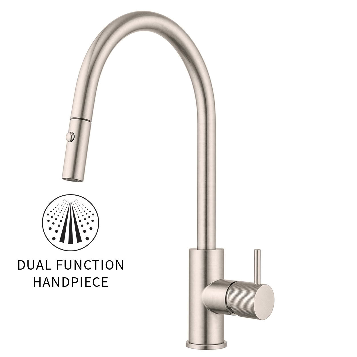 VOX13SS Onyx Gooseneck Pull Out Sink Mixer in Brushed Stainless | Grooved Handle
