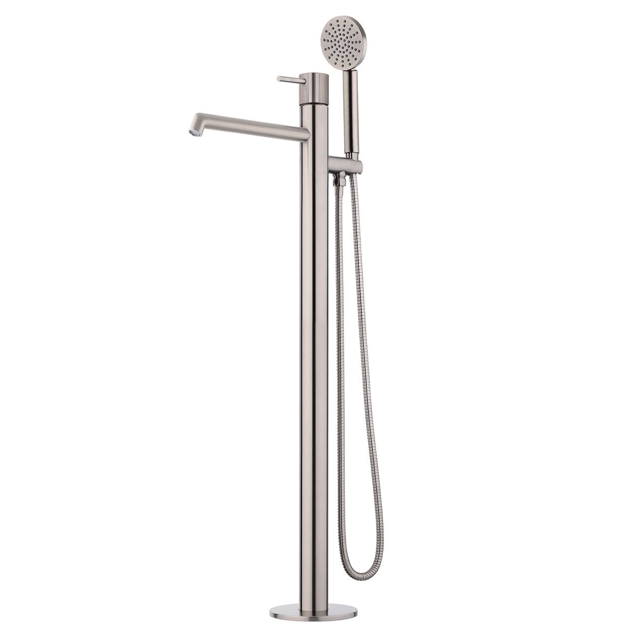 VOX95SS Onyx Floor Standing Bath Mixer with Hand Shower in Brushed Stainless | Grooved Handle