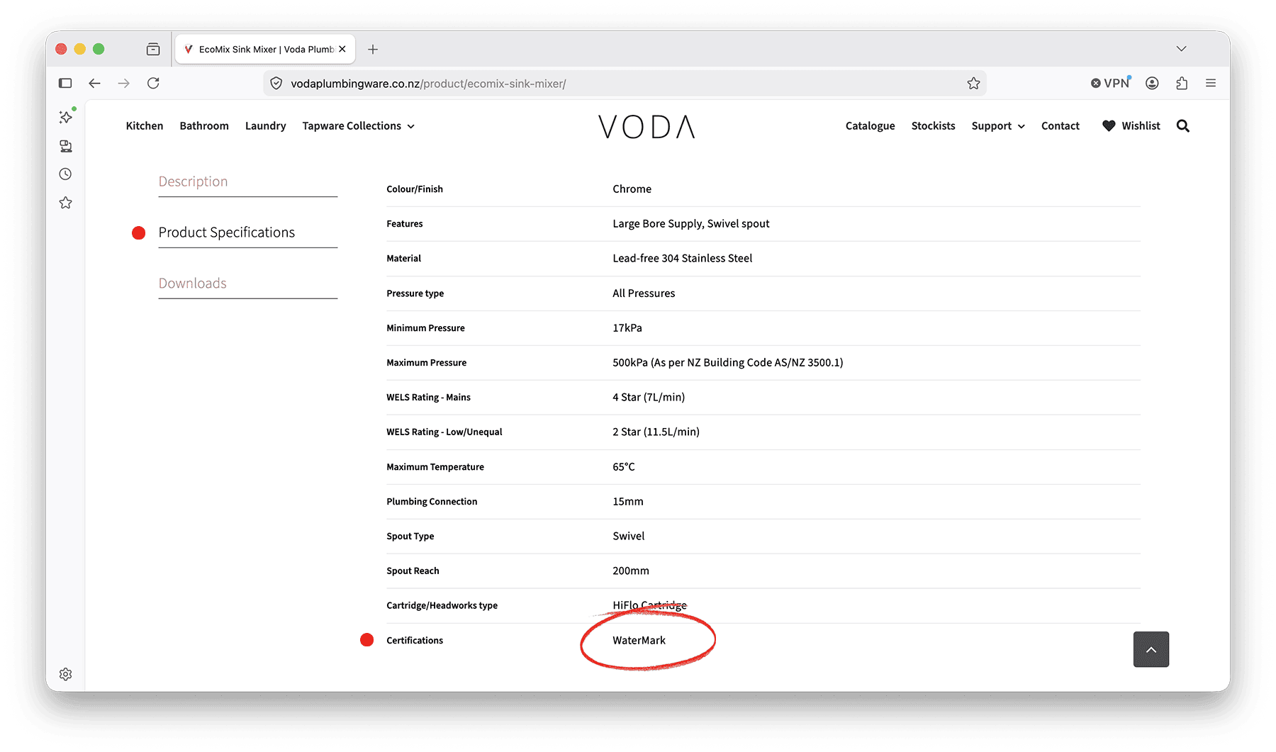 WaterMark-certification-on-Voda-product-page Where to locate the WaterMark certification on Voda product pages